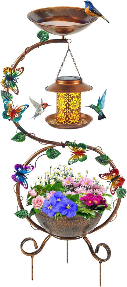 Metal Birdbath with Flower Planter Pedestal and Solar Bird Feeders Combo by YYWMWM