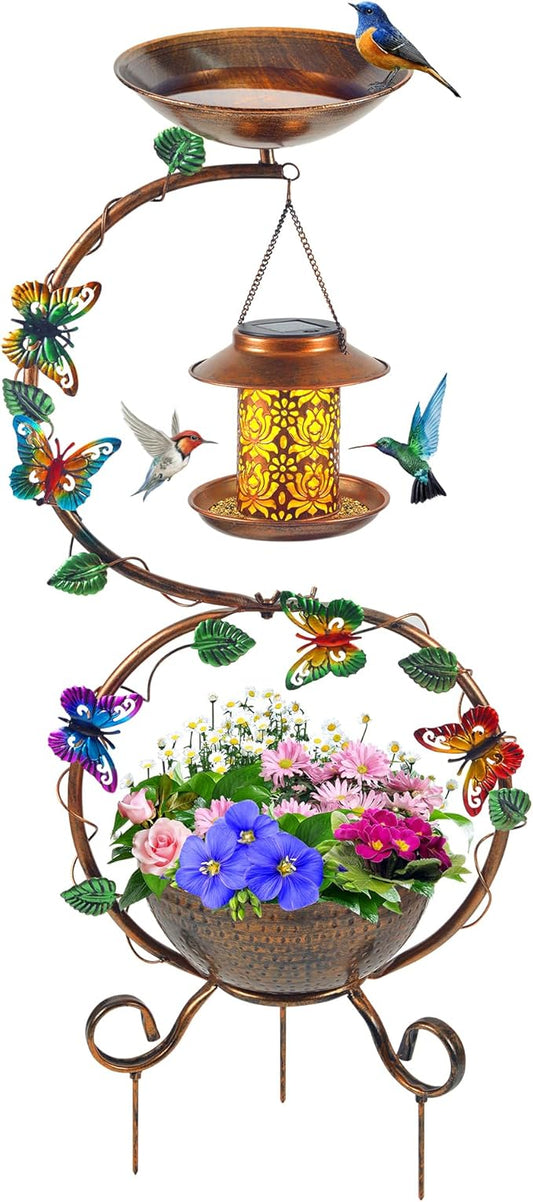 Metal Birdbath with Flower Planter Pedestal and Solar Bird Feeders Combo by YYWMWM