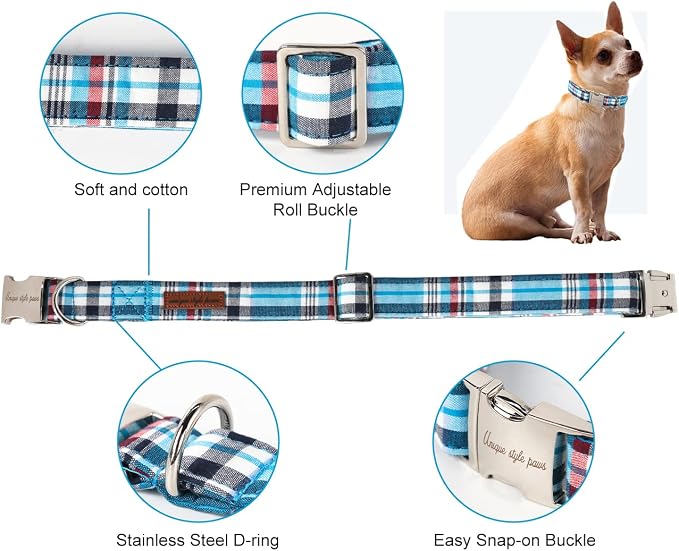 Unique Style Paws Metal Buckle Blue Plaid Collar - Image 2