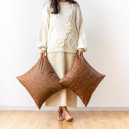 Leather Throw Pillow Covers Pack of 2 Brown, Modern Boho Thickened Floor - Image 2