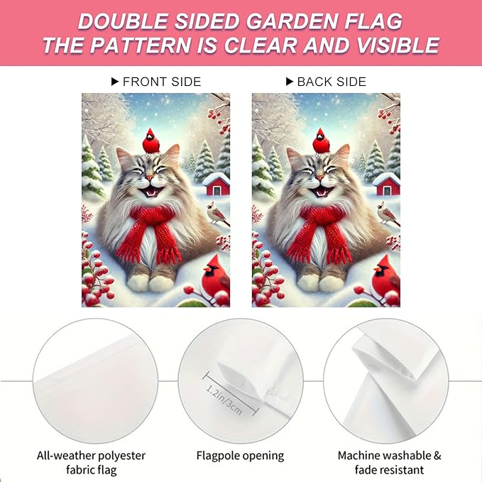 Christmas Garden Flag Cute Cat Red Cardinal Winter Snow Scene Outdoor Yard Flag - Image 4
