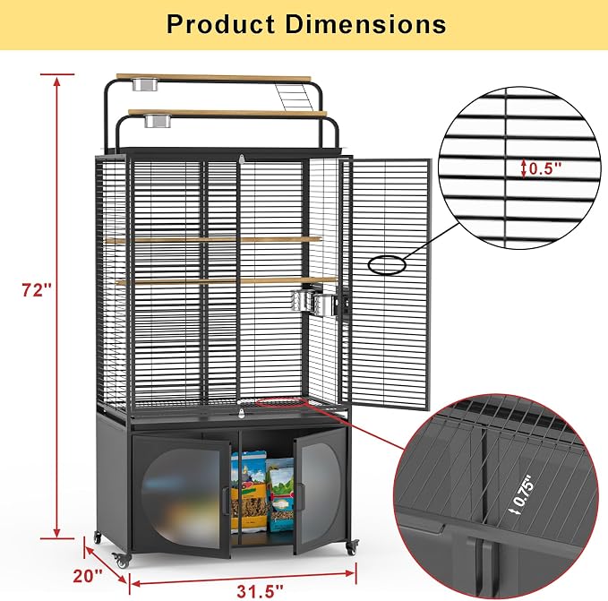 GDLF 72-Inch Bird Cage with Play Top, Parakeet Cage with Rolling Storage - Image 3