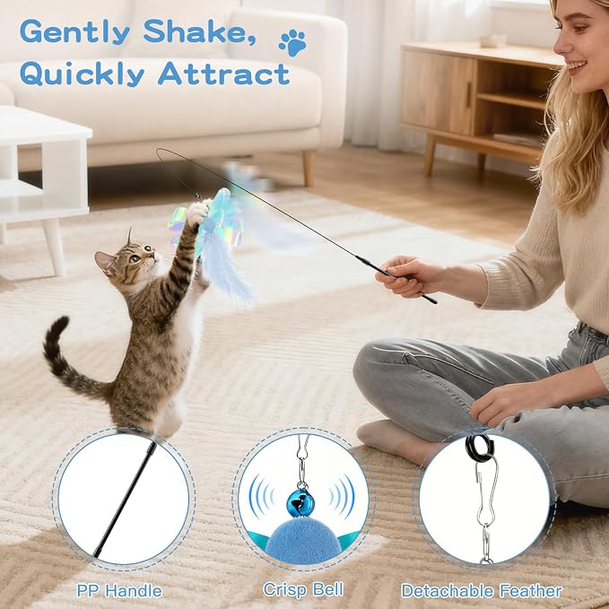 Pawaboo Feather Teaser Cat Toy, Interactive Feather Wand Cats Toy Flying - Image 3