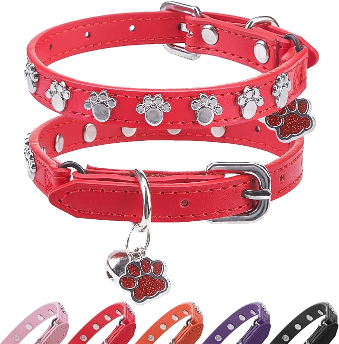 SCENEREAL Cat Collar with Bells, Leather Cat Collars with Paw Studded, by SCENEREAL