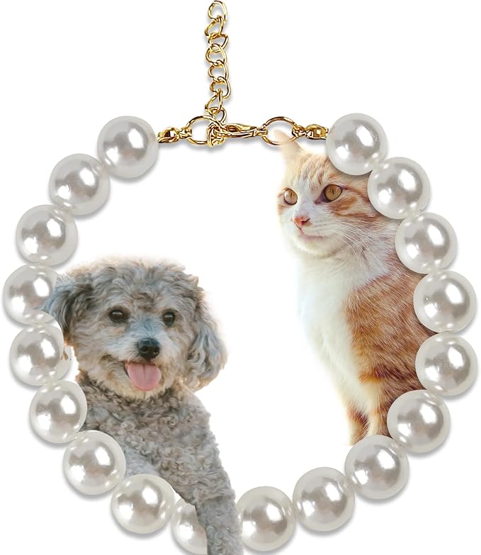 Chunky Pearl Dog Collar for Small Dogs Cats, Adjustable Beaded Dog Collar by MLUOVI