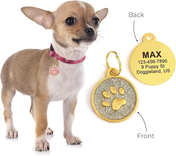 Paw Shape Dog ID Tag Stainless Steel Custom Laser Engraved, Cute Bling Glitter - Image 9