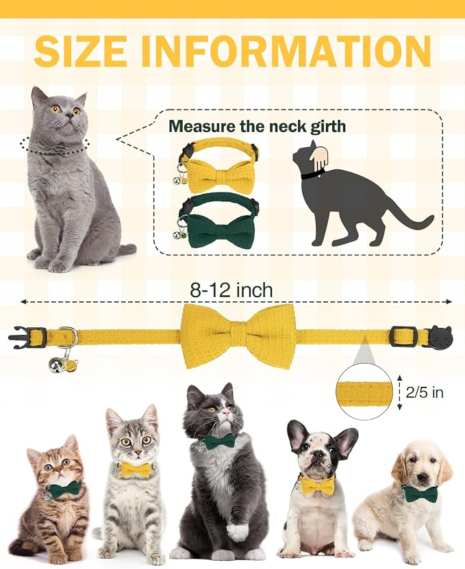 Cat Collar Breakaway with Bells, Soft Cotton Green Cat Bowtie Collar - Image 7