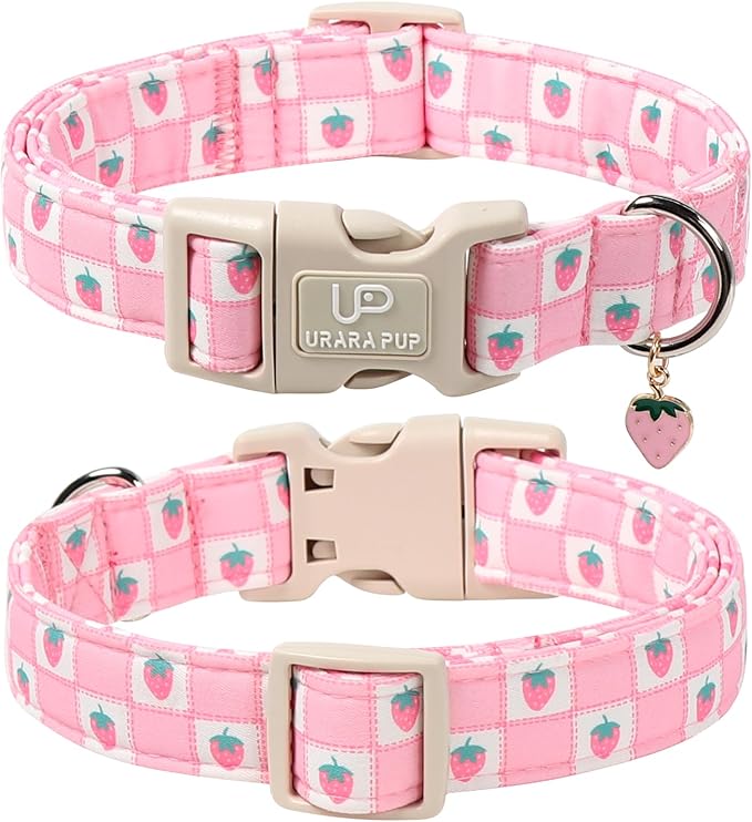 Spring Dog Collar, UP URARA PUP Strawberry Collars in Pink Checkered Adjustable - Image 2