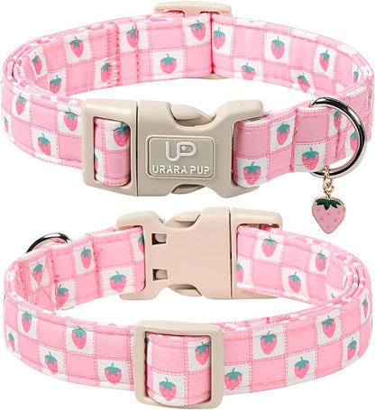 Spring Dog Collar, UP URARA PUP Strawberry Collars in Pink Checkered Adjustable - Image 2