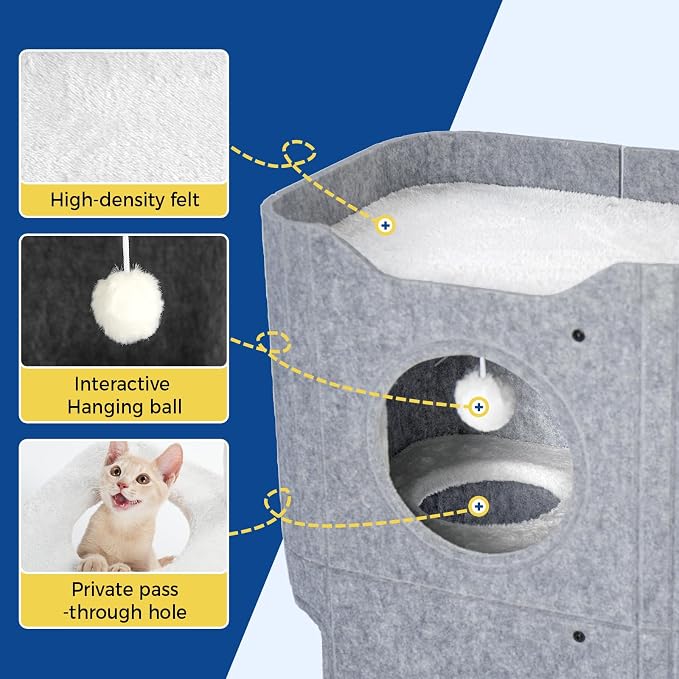 Cat House for Indoor Cats, 2-Storey Cat Bed Cave, Felt Cat Hideaway Condo - Image 2