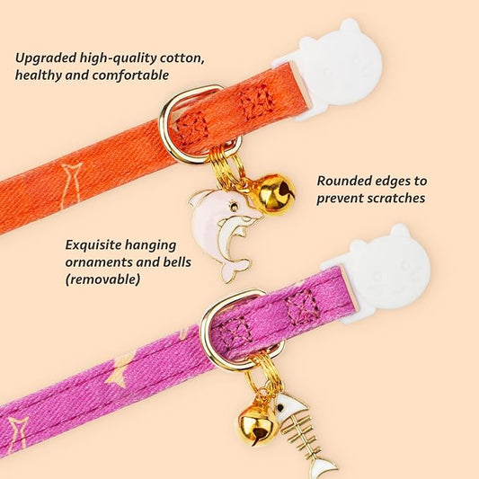 2 Pack Cotton Breakaway Cat Collar Orange and Purple Fish Pendant Cute Kitten - Image 2