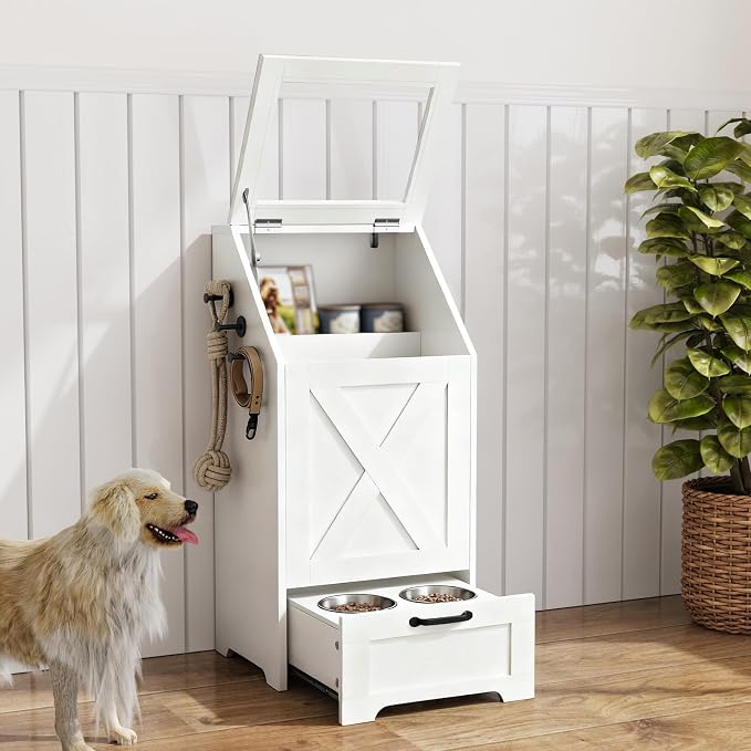Dog Feeding Station with Storage Cabinet and 2 Elevated Dog Bowls, Hidden Pet by Unknown