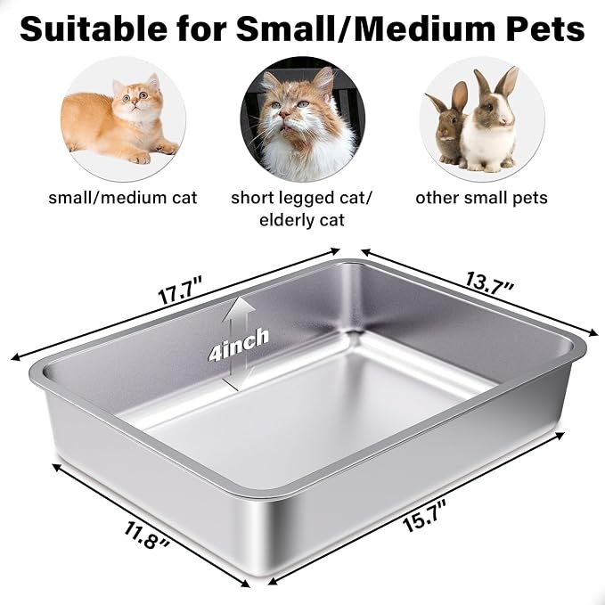 Stainless Steel Litter Box, Metal Litter Boxes 17.7" x 13.7" x 4", Small Litter - Image 2