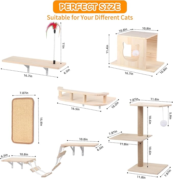 Cat Wall Shelves, Solid Wooden Wall-Mounted Cat Furniture, Steps and Scratcher - Image 2