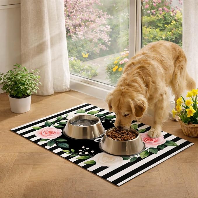 Pet Feeding Mat 24" x 16" Floral Stripe Welcome Design Non Slip Dog Food Mat - Image 3