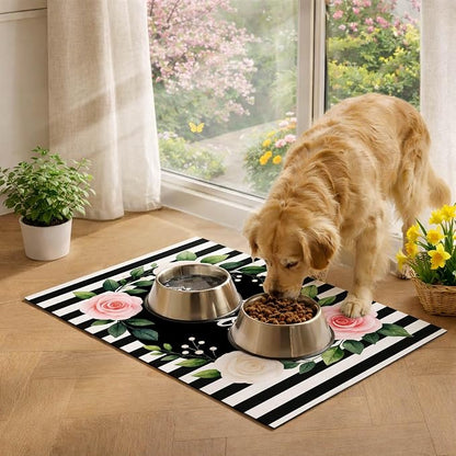 Pet Feeding Mat 24" x 16" Floral Stripe Welcome Design Non Slip Dog Food Mat - Image 3