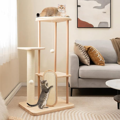 Tangkula Wood Cat Tree for Indoor Cats, Padded Perch, Hanging Toy, Minimalist - Image 2