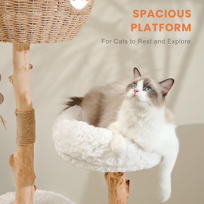 Cat Tree Tower with Two Real Branches, 44 INCH Wood Modern Cat Tower with - Image 4