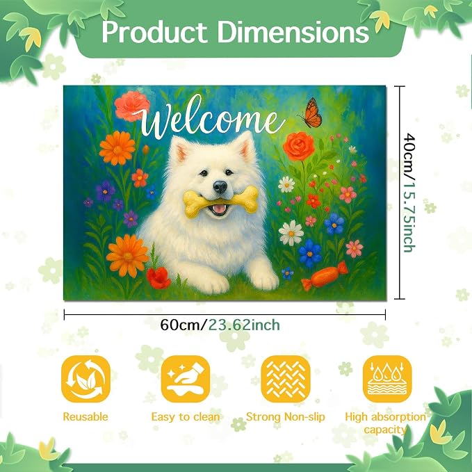 Welcome Spring Pet Feeding Mat 24" x 16"White Dog Floral Design Non Slip Cat - Image 5