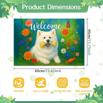 Welcome Spring Pet Feeding Mat 24" x 16"White Dog Floral Design Non Slip Cat - Image 5