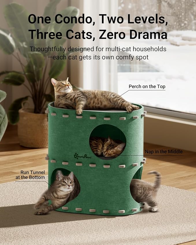 DownyPaws Cat House for Indoor Cats, 2-Storey Foldable Cat Bed Cave, Felt Cats - Image 2