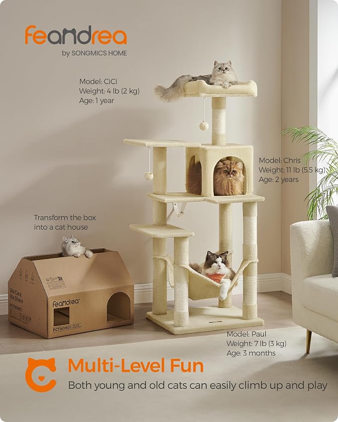 Feandrea Cat Tree, 55.1-Inch Cat Tower, Plush Multi-Level Condo - Image 2