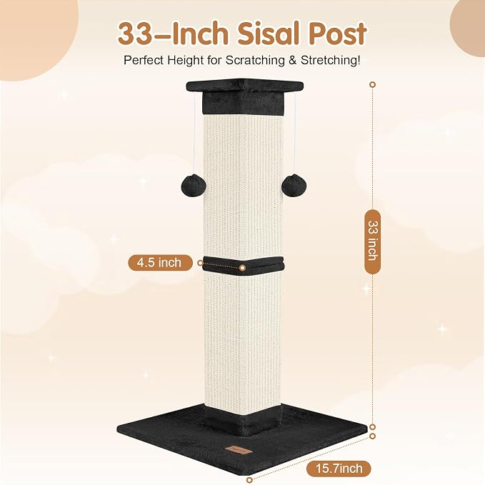 Cat Scratching Post 33 inch for Indoor Cats, High Cat Scratch Post Black - Image 2