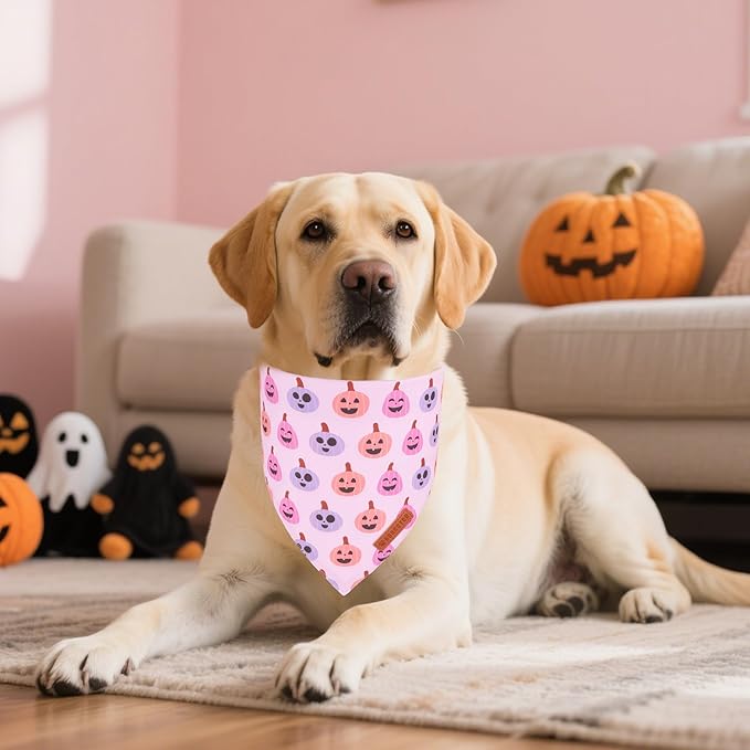 ADOGGYGO Pink Halloween Dog Bandanas 2 Pack, Reversible Ghost Pumpkin Scarf Bib - Image 2