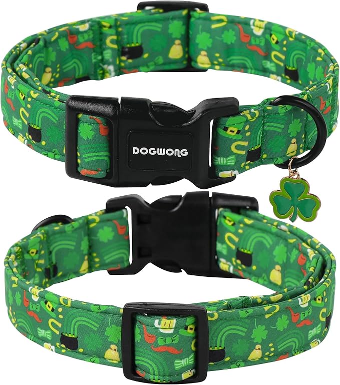 DOGWONG St Patrick's Dog Collar- Green Clovers Dog Collar, Adjustable Cotton - Image 2