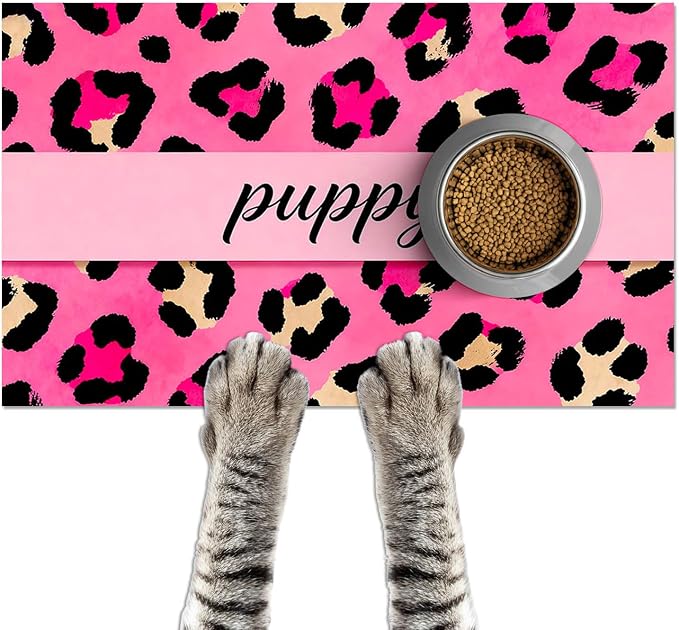 Puppy Feeding Mat 24x16 inch Hot Pink Leopard Print Pet Bowl Placemat Non Slip by HOMETITUTE