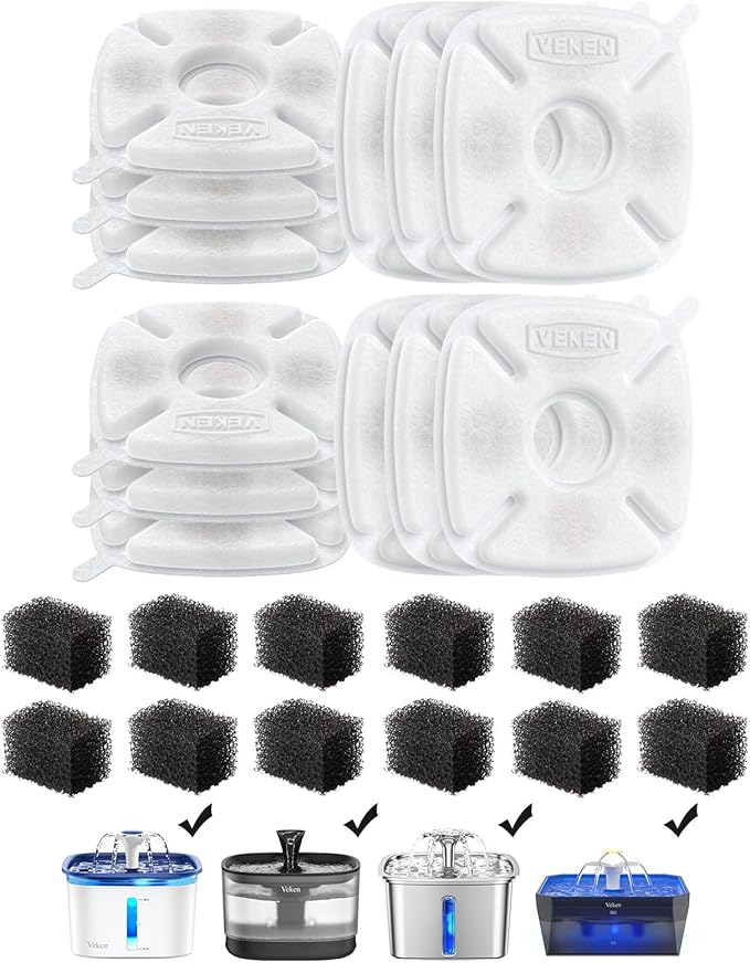 Veken Cat Water Fountain Filter, Classic 12 Pack Replacement Filters & 12 Pack by Veken