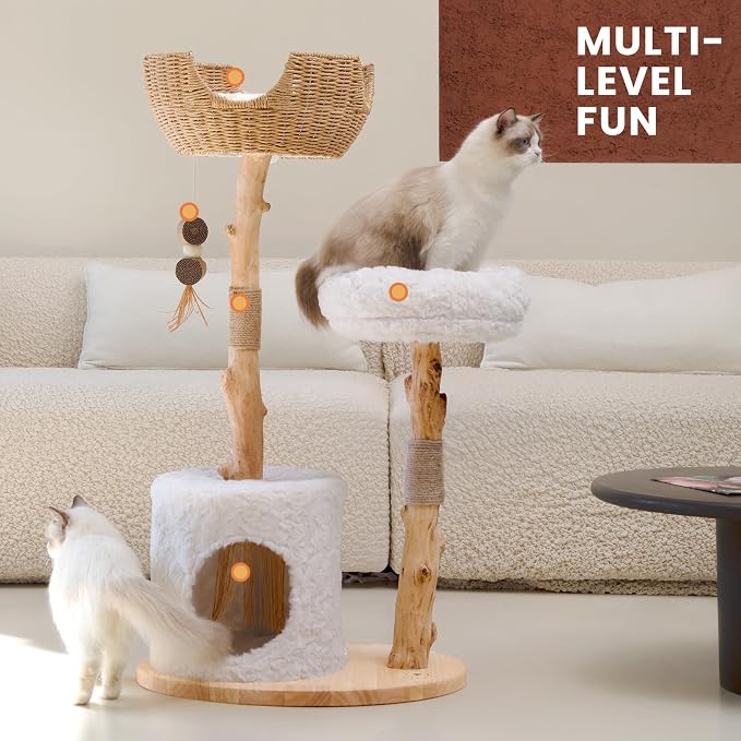 Cat Tree Tower with Two Real Branches, 44 INCH Wood Modern Cat Tower with - Image 2