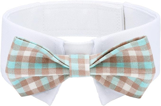 Segarty Dog Bow Tie Neck Girth 10.2-12.6in, Adjustable Blue Khaki Plaid Bowtie by Segarty