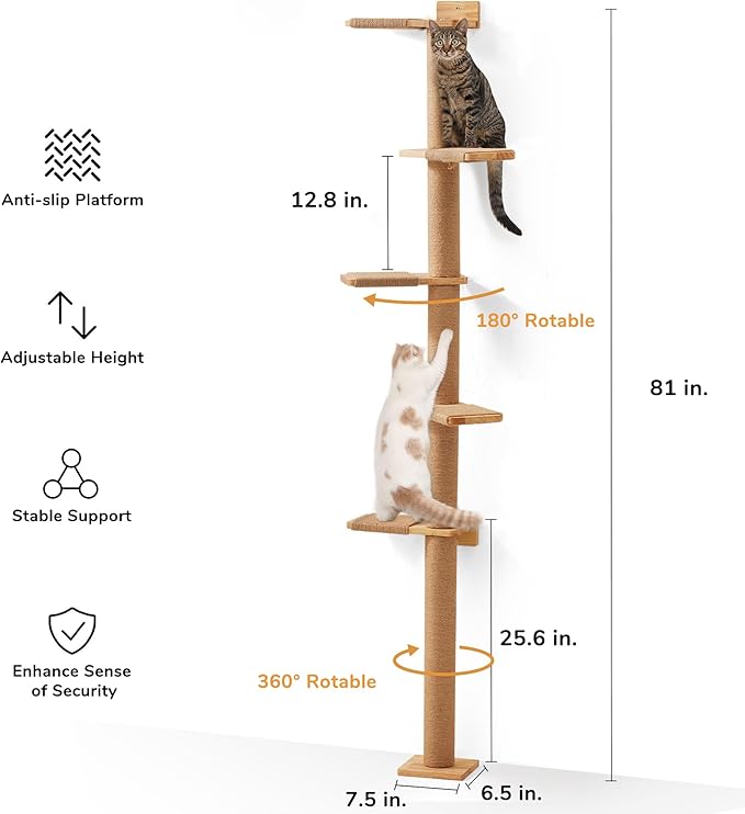 FUKUMARU Tall Cat Tree, 5 Tier Floor to Ceiling Cats Tower, Wall-Mounted Kitten - Image 3