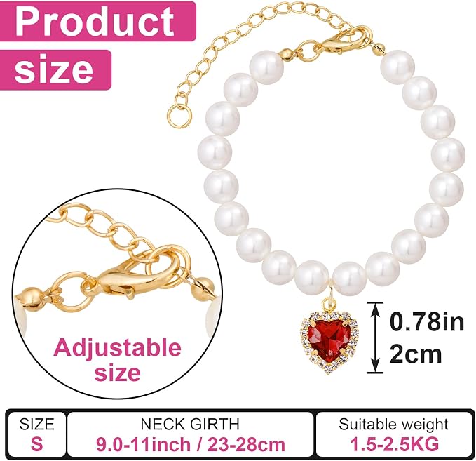 2pcs Cat Pearl Collar with Heart Pendant, Cute Pearl Pet Necklace in Small - Image 2