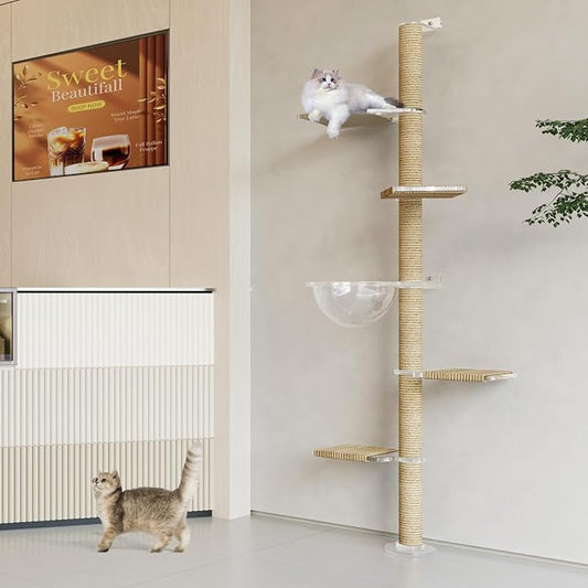 Floor to Ceiling Cat Tree, Acrylic Top Support PlateTall Cat Tower Natural - Image 2