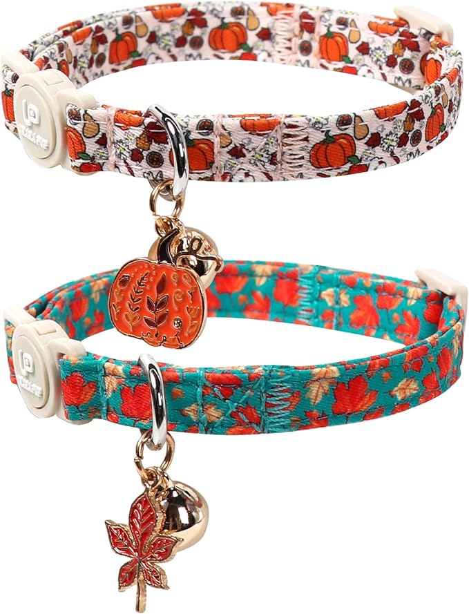 Fall Cat Collar-2Pack Autumn Kitten Collars-Halloween Breakaway Pumpkin Kitty by UPURARAPUP