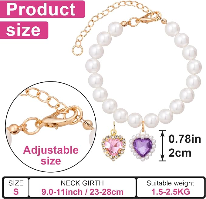 2pcs Cat Pearl Collar with Heart Pendant, Cute Pearl Pet Necklace in Small - Image 2