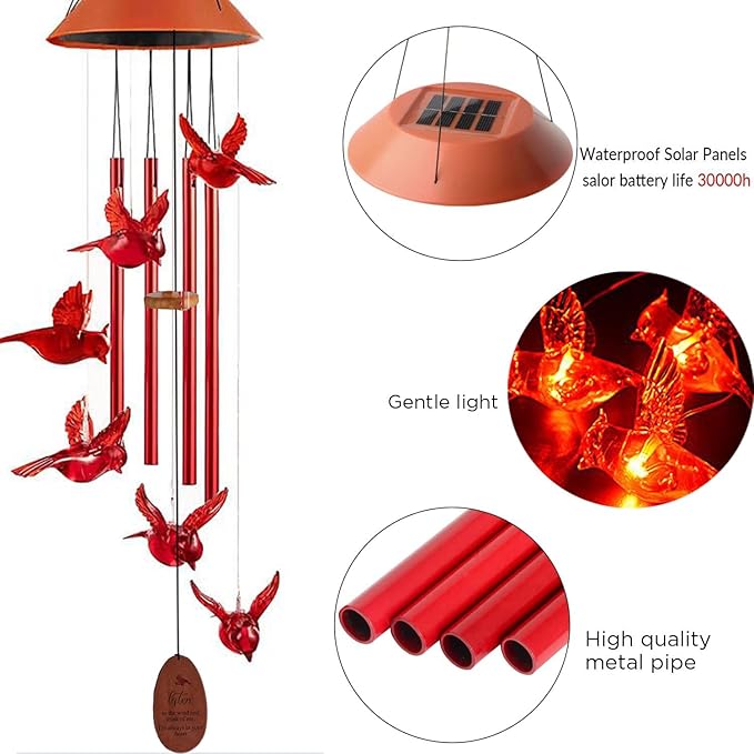 Solar Cardinal Wind Chimes Outdoor Solar Lights Cardinal Red Bird Windchimes - Image 4