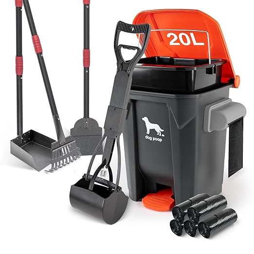 Dog Pooper Scooper, Long Handle Tray & Rake, 60 Waste Bags, Dog Waste Large Bin by HWPZE