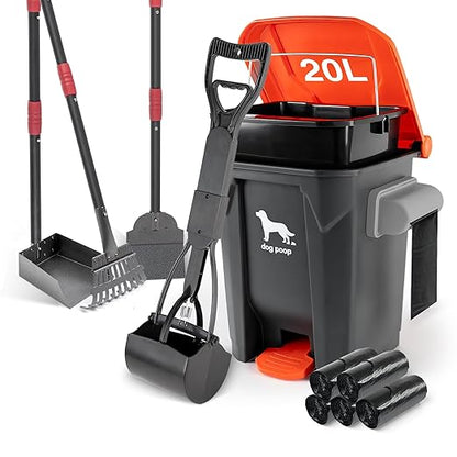 Dog Pooper Scooper, Long Handle Tray & Rake, 60 Waste Bags, Dog Waste Large Bin by HWPZE