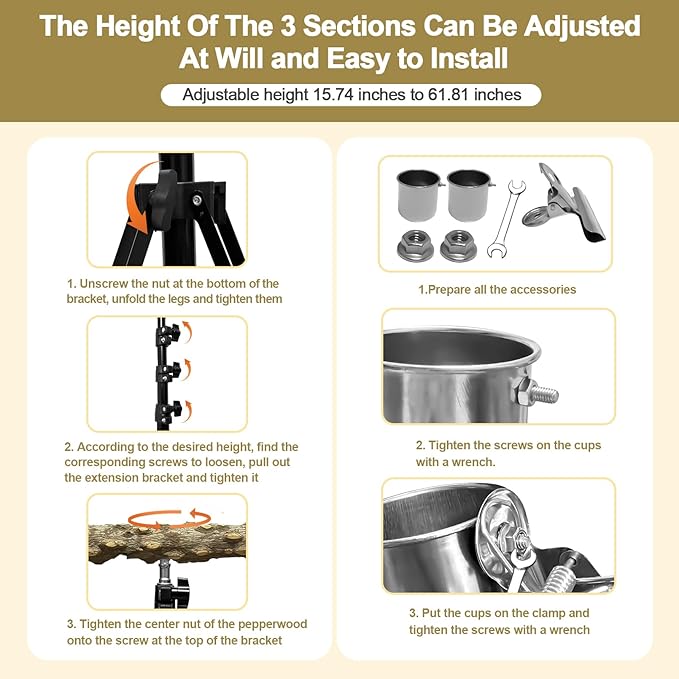 16-63 Inch Height Adjustable Bird Perch Pepper Wood Parrot Training Perch Stand - Image 3