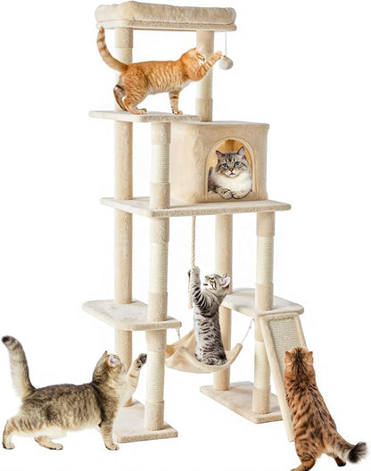 Large Cat Tree 63 Inch, Sisal Scratching Posts Board and Hammock, Pet Play House - Image 7