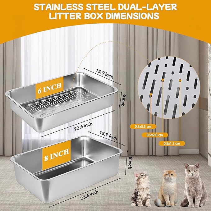 23.6''x15.7''x8'' Stainless Steel Sifting Litter Box, XXL Large Metal Sifting - Image 2