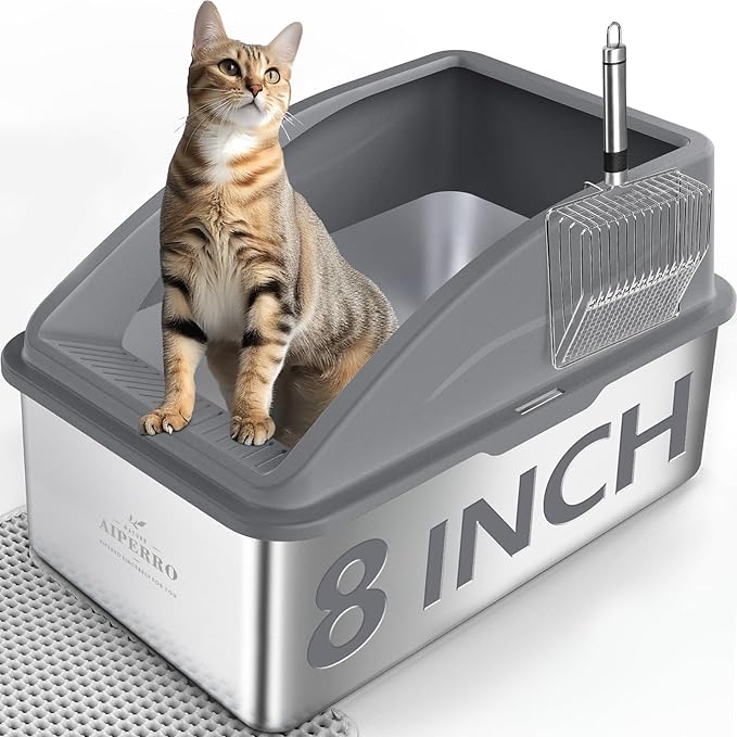 Stainless Steel Litter Box | XXL Deepened 8" Design Enclosed Box by AIPERRO
