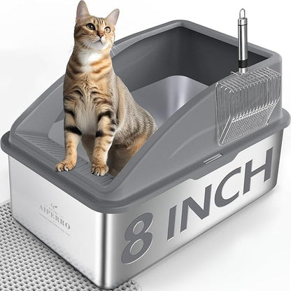 Stainless Steel Litter Box | XXL Deepened 8" Design Enclosed Box by AIPERRO