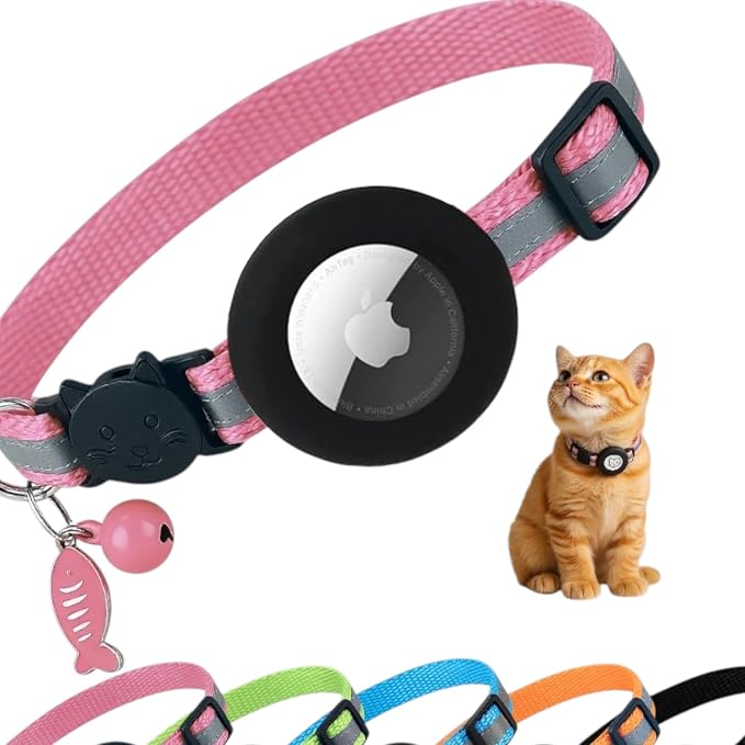 Pink AirTag Cat Collar – Breakaway Reflective Nylon Kitten Collar by AmazeGoods