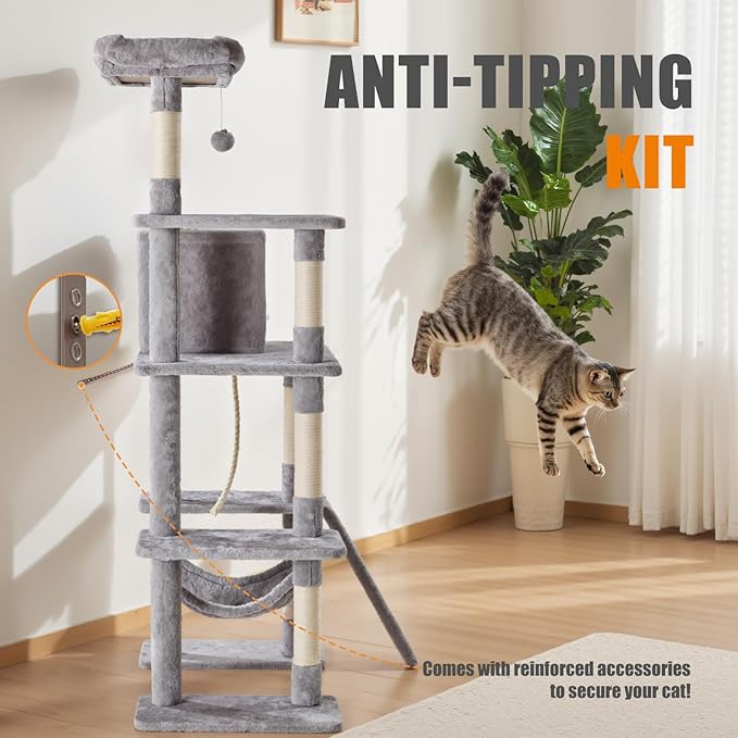 Large Cat Tree 63 Inch, Sisal Scratching Posts Board and Hammock, Pet Play House - Image 6