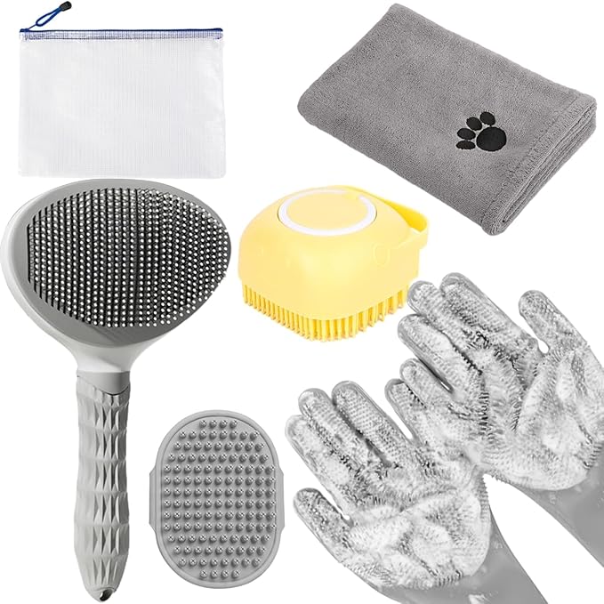 6-in-1 Grey Pet Grooming Kit: Hair Brush, Washing Gloves, Slicker Brush by KUEIOX