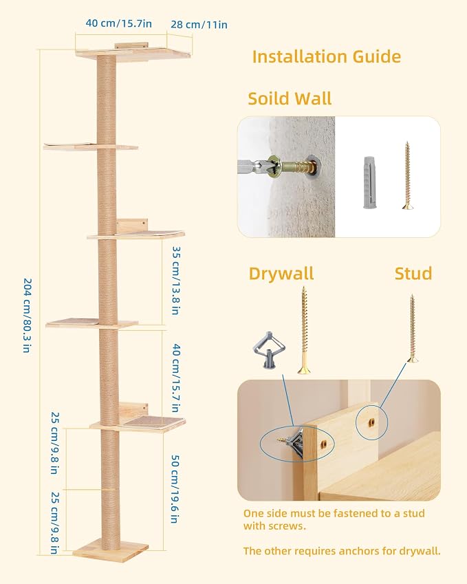 80inch Tall Cat Tree Wall Mount, 15.8in Top Perch Bed - Image 6